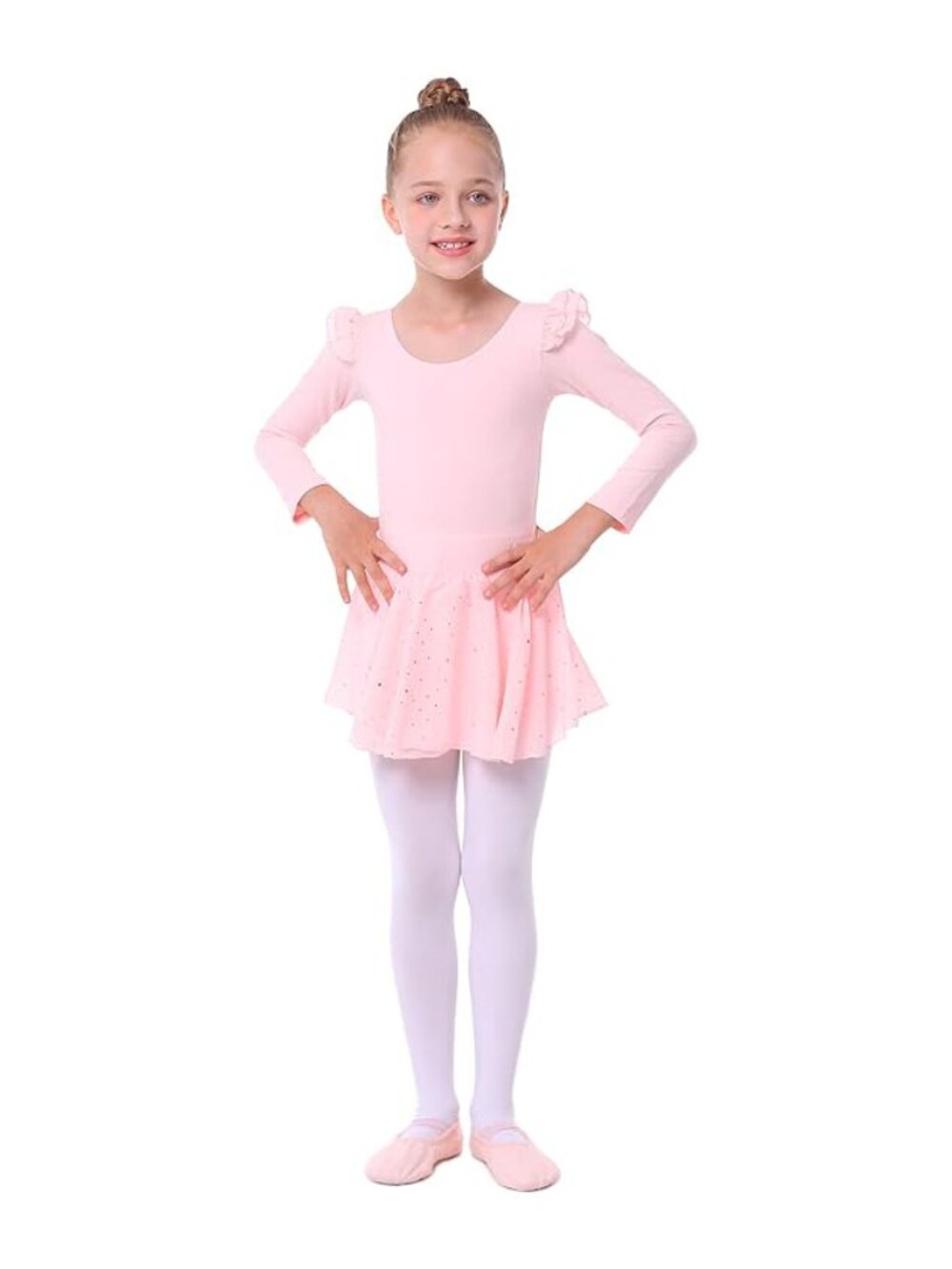 Danswan Long Sleeve Ballet Dance Dress Dotted Skirt (110, 4T)